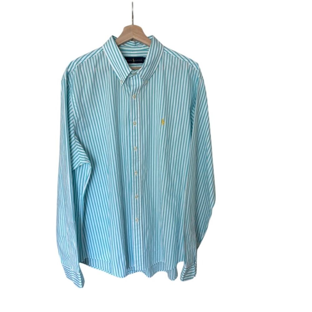 Ralph Lauren Men's Button Up Shirt Teal Striped Yellow Pony Logo XXL‎